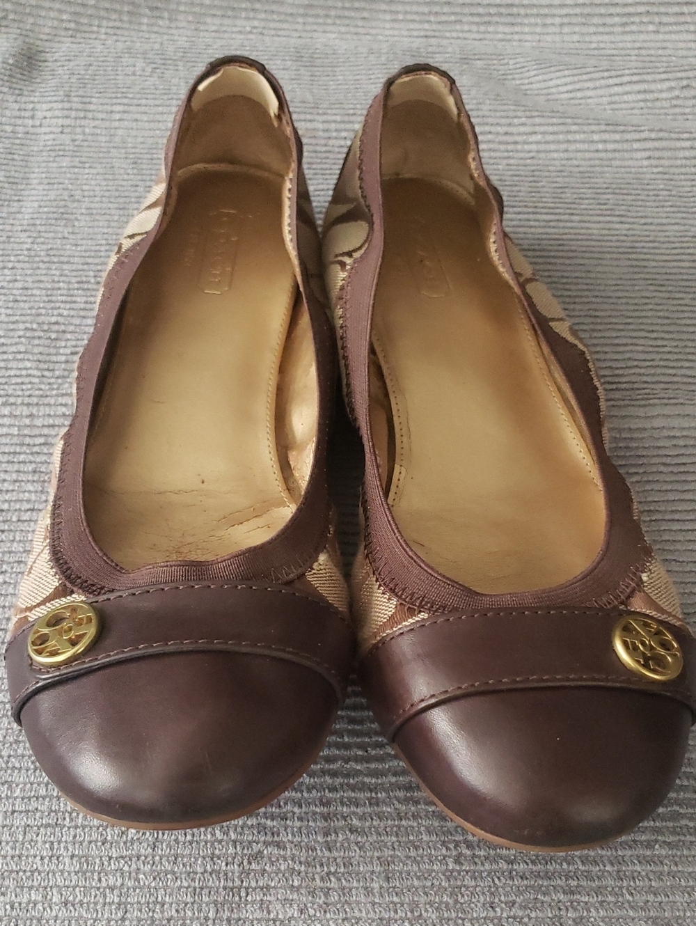 Coach Tan & Brown Signature Canvas Leather Cap-Toe Ballet Flats